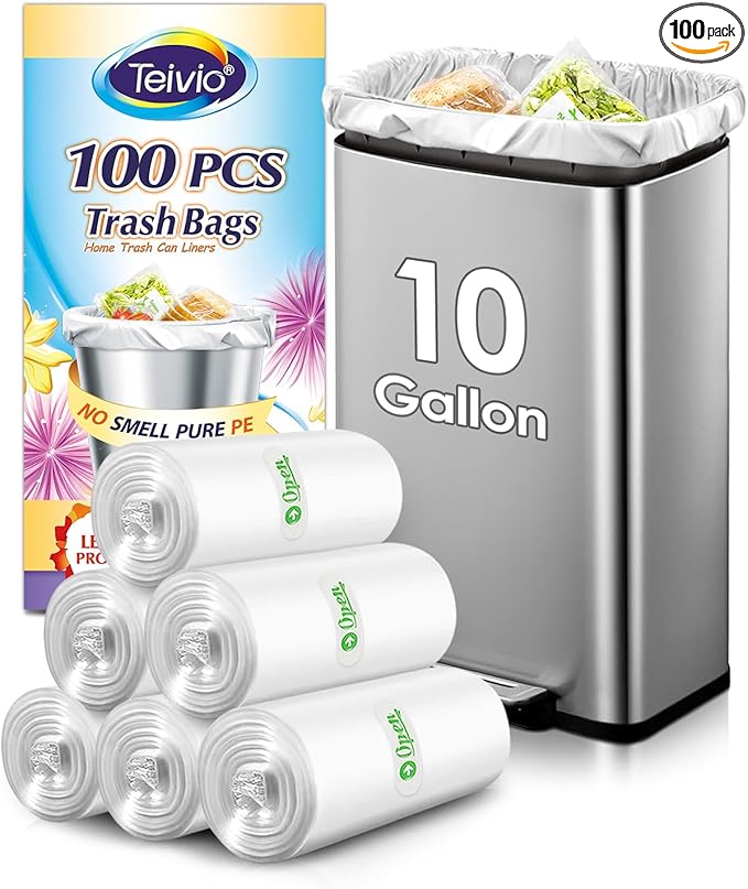 10 Gallon 100 Counts Trash Bags Garbage Bags by Teivio, Bathroom Trash Can Bin Liners, Plastic Bags for home office kitchen, Clear