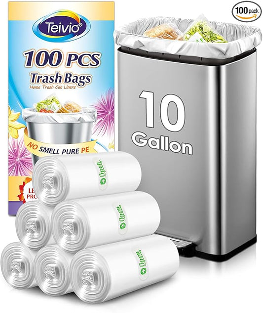 10 Gallon 100 Counts Trash Bags Garbage Bags by Teivio, Bathroom Trash Can Bin Liners, Plastic Bags for home office kitchen, Clear