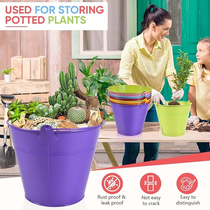 OBTANIM 7 Pack Colorful Metal Buckets with Handle Galvanized Ice Pails for Plants, Succulents, Party Favors Organizing, Rustic Home Decor or Classrooms Pencil Storage (9.1 x 6.7 inch)