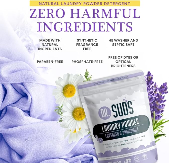 Dr Suds Natural Laundry Detergent Powder 4 Lbs 100+ Loads Skin Friendly with Lavender Chamomile Made with Natural Earth Minerals Made in USA