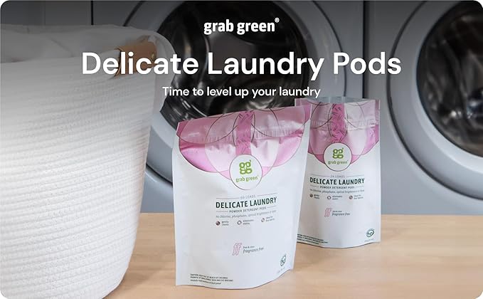 Grab Green Delicate Laundry Detergent Pods, 60 Count, Fragrance Free, Plant and Mineral Based, Superior Cleaning Power, Stain Remover, Brightens Clothes