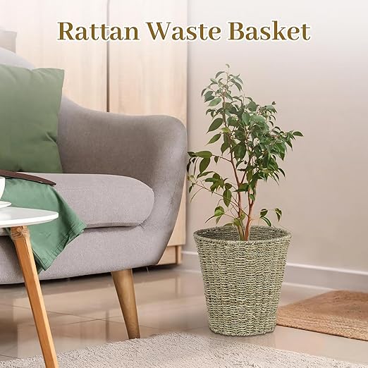 Boho Wicker Trash Can with Lid,Waterproof Bathroom Trash Can Hand Woven Wicker Waste Baskets for Kitchen Office Bedroom