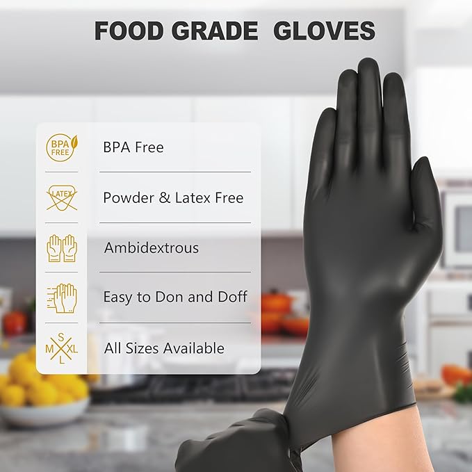 Black Vinyl Gloves, Food Grade Gloves Disposable Latex Free & Powder Free, Guantes for Cleaning Cooking Food Prep