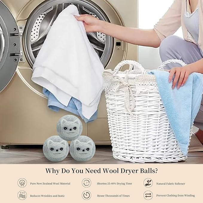 Dryer Balls Laundry Reusable, XL Wool Dryer Balls Cute, Fabric Softener Ball, Extra Large Dryer Balls with Animal Pattern, Shorten Drying Time, Organic Wool - Dry 1000+ Loads (Gray 6 Pack Dog Shapes)