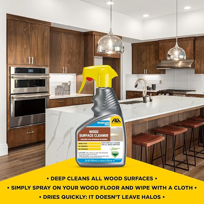 FILA Surface Care Solutions WOODCARE PRO Surfaces, Suitable Floor Spray, Furniture Cleaner, Dries Fast, Does not Damage Wood Kitchen, No Color, 24 Fl Oz