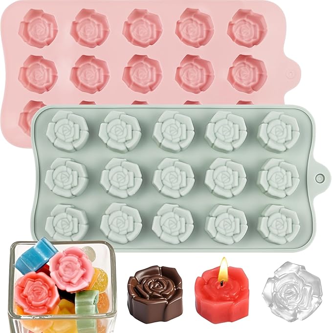 2 Pcs Rose Mold Silicone, 15 Cavity Flower Silicone Molds, Non Stick Rose Ice Cube Mold for Candy, Chocolate, Soap, Cupcake Decoration, Jelly, Dishwasher Safe, Pink + Gray