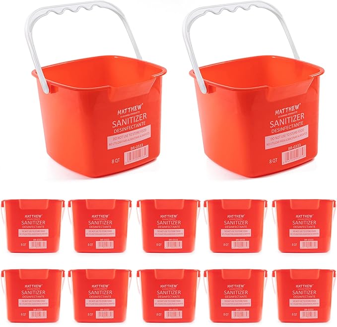 Matthew Detergent&Sanitizing Cleaning Bucket 8 Quart Plastic Pail,Set of 12 Square Containers,Built-in Spout w/Handle,Wash Rinse Sanitize Handwash Bucket for Home Office Commercial Restaurant (Red)