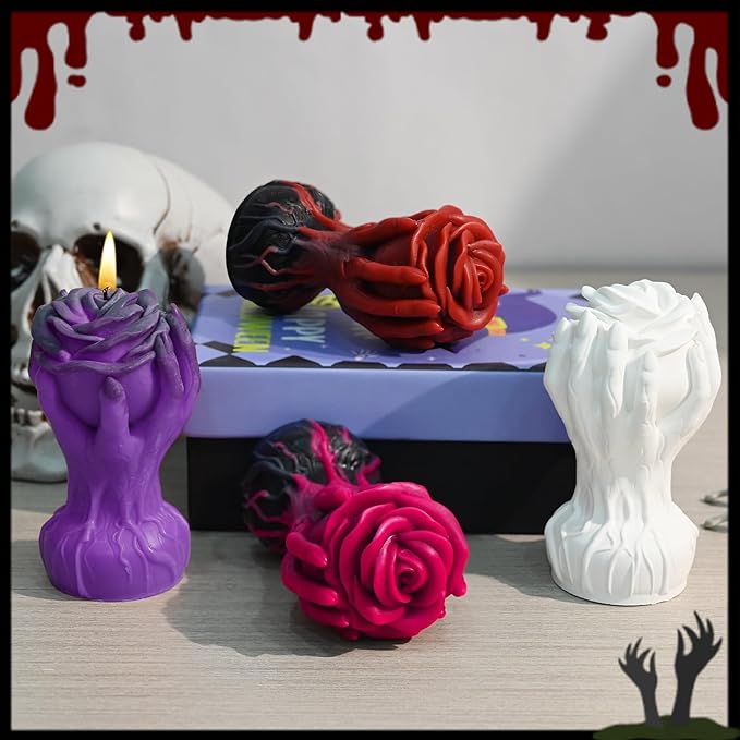 Hand Holding Rose Candle Mold, 3D Flower Silicone Mold for Candles Pillar Wax Plaster Epoxy Resin Craft Casting Gothic Home Décor Halloween Anniversary Birthday Handmade Gift