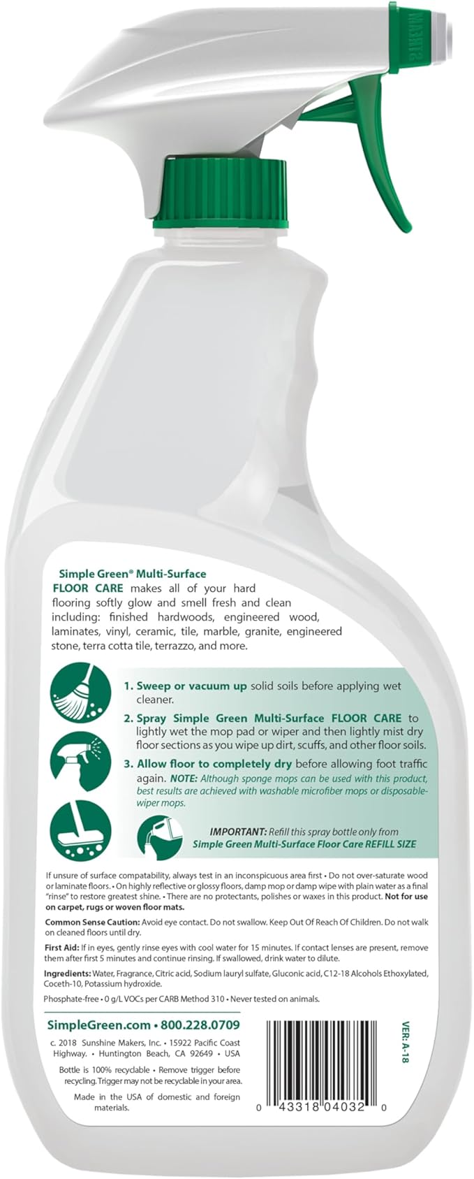 Simple Green Multi-Surface Floor Care - Cleans Hardwood, Vinyl, Laminate, Tile, Concrete and Other Wood - pH Neutral Floor Cleaner 32oz