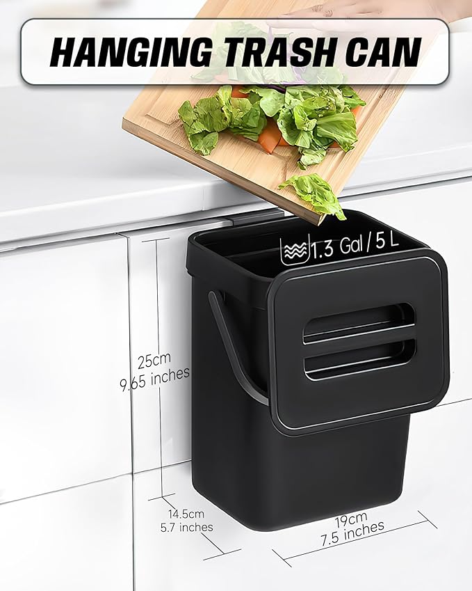 Countertop Compost Bin - 1.3 Gallons Hanging Small Trash Can with Lid for Kitchen Bathroom, Under Sink Kitchen Trash Can, Indoor Counter Compost Bucket with Lid, 5L(Black)