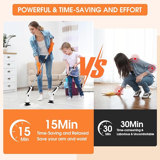 Electric Spin Scrubber, Cordless Cleaning Brush, 54" Extendable Handle Shower Cleaner Brush - 6 Adjustable Angles, 8 Brush Heads & 2 Speeds, Shower Scrubber for Bathroom Bathtub Tile Floor