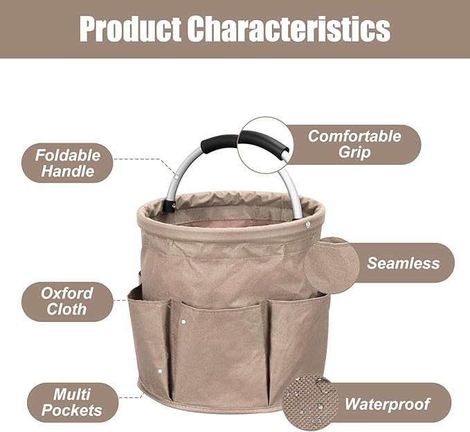 Cleaning Caddy with Handle, 17L Cleaning Supply Caddy Foldable Bucket Organizer Cleaning Products Organizers Cleaning Tools Bag 4.5 Gallon (Khaki)
