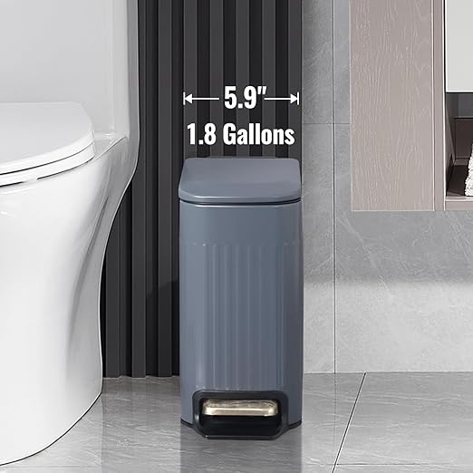 Slim Bathroom Trash Can with Lid Soft Close, Stainless Steel Garbage Can Step Trash Bin with Removable Inner Bucket for Bedroom, Office, Kitchen (Matt Grey, 1.8 Gallons)