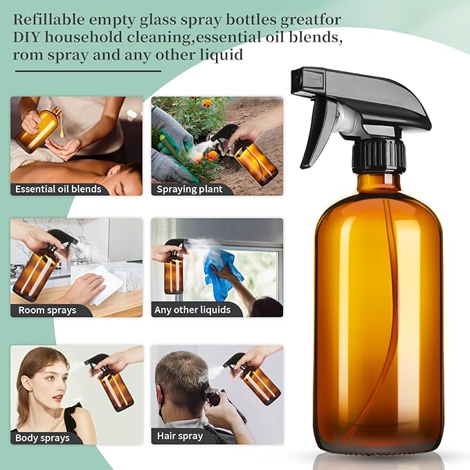 16oz Amber Glass Spray Bottles,1 Pack Glass Spray Bottles Refillable Empty Bottle with Adjustable Nozzle,Spray Bottle for Essential Oils,Cleaning,Pets,Hair Mister
