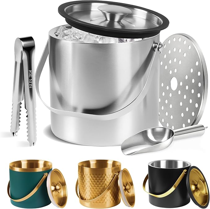 Ice Bucket, Ice Bucket with Silicone Sealing Ring Double-Wall Vacuum Insulation Champagne Buckets with Filter Layer Ice Tongs Ice Scoop (Silver, 4 L)