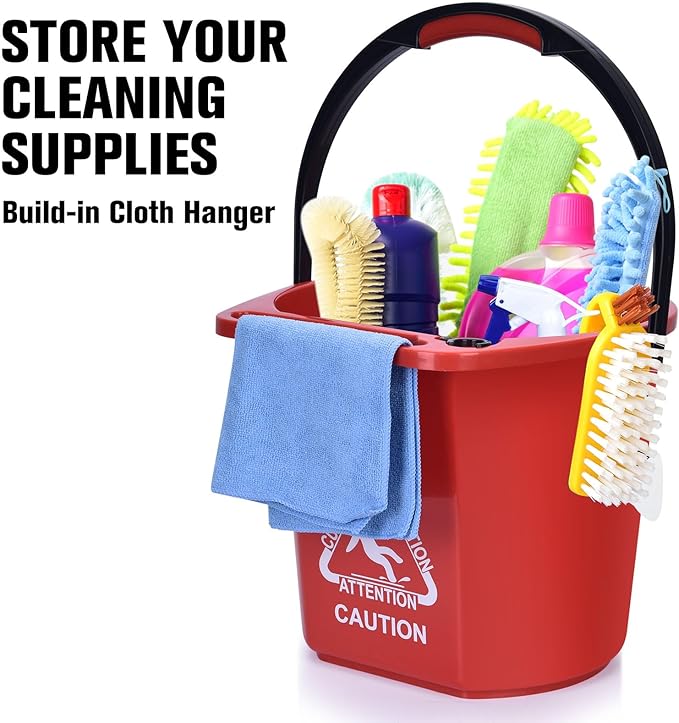 Matthew Cleaning 4.2 Gallon Mop Bucket, Heavy Duty Plastic Cleaning Bucket with Built-in Pour Spout, Mop Holder and Comfort Grip Handle, House and Commercial Cleaning Supplies, 1 Pack Red