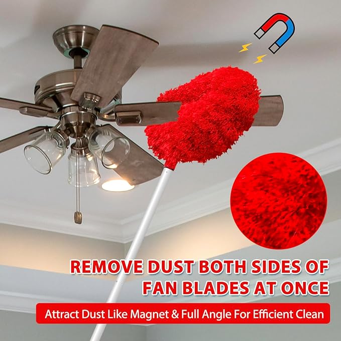 Ceiling Fan Cleaner Duster High Ceiling Extended Fan Blade Cleaner from 13 to 50 Inch Reusable Microfiber Ceiling Fan Duster with Extension Handle for Furniture Bookshelves Wall Door (Red)