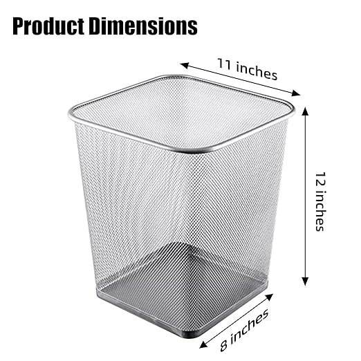 10-Pack Silver Square Metal Trash Cans, 6 Gallon Capacity, Mesh Design, Non-Slip Base, Smooth Edges, Suitable for Office, Home, School