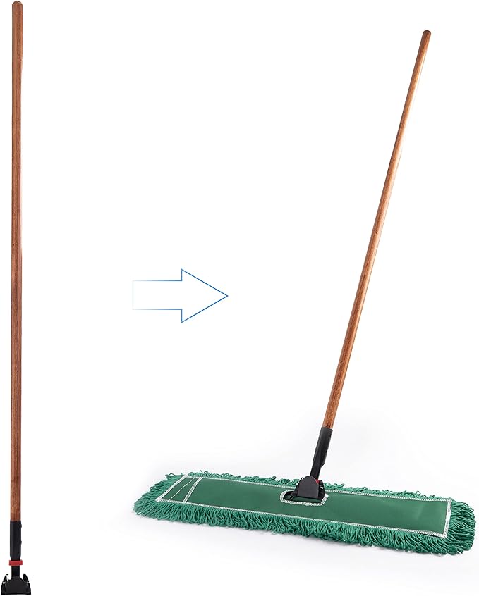 Matthew Cleaning Commercial Quick-Change Dust Mop Handle with Clip-on Metal Gripper for Heavy Duty Mop Head Replacement Holder, Lacquered Wood 60 inch 6packs-Natural
