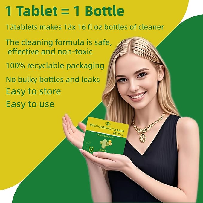 Multi-Surface Cleaner Refill Tablets - 12 Count- 192 fl oz total (12x 16 fl oz) - All Purpose Cleaner Refill Tablets - For household and kitchen spray cleaners - Fresh Lemon Scent