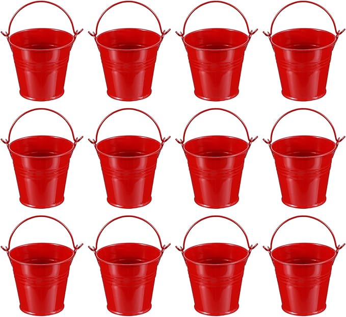 PATIKIL 2.7"x2.3" Small Metal Buckets with Handle, 12 Pcs Mini Galvanized Bucket Colorful Easter Buckets for Crafts Party Favors Decoration, Red