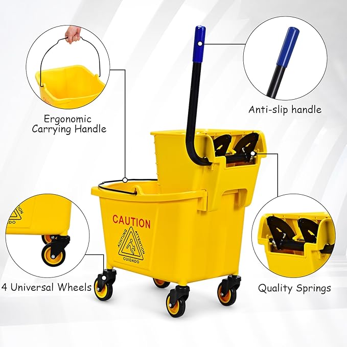 ARLIME Mop Bucket with Wringer On Wheels, 35 Quart Capacity Portable Wringer Trolley on Wheels, Side Press Floor Cleaning Wavebrake w/Handle, Mop Bucket for Home, Commercial, Restaurants