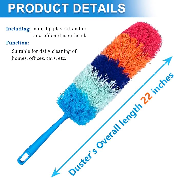 2 Pack 22-Inch Rainbow Reusable Microfiber Dusters,Bendable and Washable Feather Duster for Everyday Cleaning in Home, Library, Office, Car, and More