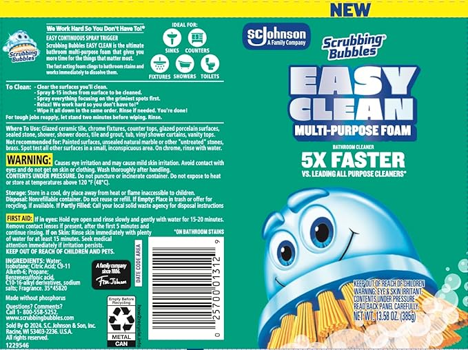 Scrubbing Bubbles Easy Clean Foaming Multipurpose Bathroom Cleaner, Continuous Spray Bottle, Fast Acting Foam, 13.58 Ounce