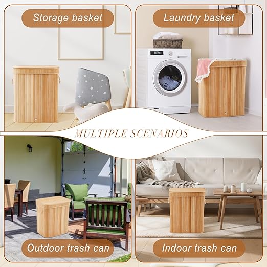 2 Pack Bamboo Slim Trash Can with Lid, 21 Gallon Large Foldable Slim Rectangular Garbage Can Bamboo Waste Basket for Bathroom Bedroom Office Home Salon Spa (24.8×20.9×13 Inches,Wooden Color)