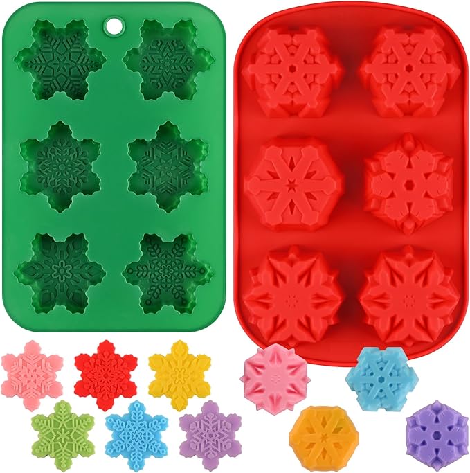 HUAKENER 2 Pack Snowflakes Soap Molds, Large Size Christmas Soap Molds, Snowflakes Silicone Mold for Handmade Soap, Mini Cakes, Brownies, Chocolate, Jello