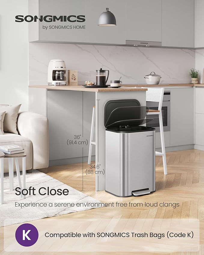 SONGMICS Kitchen Trash Can, 13-Gallon (50 L) Garbage Can with Lid, Stainless Steel, Soft Close and Stays Open, Inner Bucket, Wide Non-Slip Pedal, Metallic Silver ULTB547E01