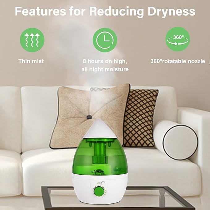 Cool Mist Humidifier for Bedroom & Small Rooms, Quiet 360° Rotation Nozzle, Adjustable, Night Light & Auto Shut-Off, Ideal for Office, Nursery & Plants