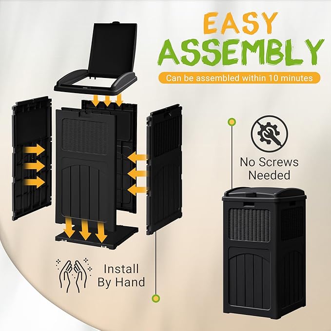YESHOMY 33 Gallon Resin Outdoor Trash Can with Lid, Hideaway Waterproof Patio Garbage Bin, Black