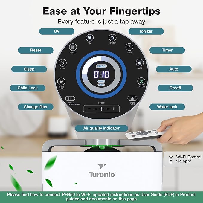 Turonic PH950 Air Purifier and Humidifier Combo for Large Rooms – HEPA, UV, Ionizer, PM2.5 Sensor, Cold Catalyst – Air Purifier for Home Pets with 8 Speeds, App Control, Remote, Filters, Humidifier