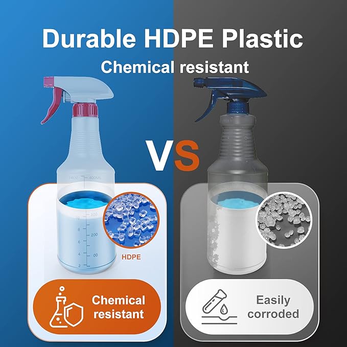 Veco Spray Bottle (2 Pack&2 extra Nozzle,16 Oz) with Measurements and Adjustable Nozzle, HDPE Plastic Spray Bottles for Cleaning Solution, Household/Commercial/Industrial Use, No Leak and Clog