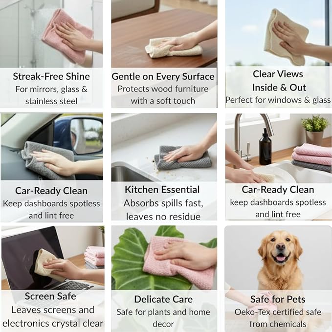 Microfiber Cleaning Cloths - 12" x 12" - Kitchen Dish Cloths for Washing Dishes - Microfiber Cleaning Rags - for Housekeeping, Dusting, Glass, Electronics, Car Interior - 6 Pack - Gray, Beige, Pink