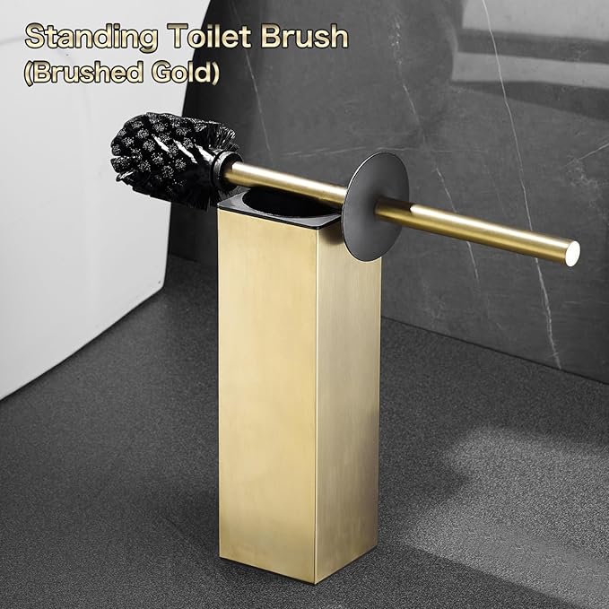 Upright Toilet Brush, Square Toilet Cleaner, Toilet Brush Holder Set Brushed Gold