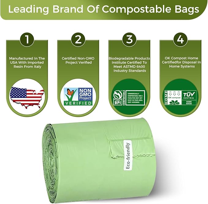 3 Gallon Compostable Trash Bags with Handle-Tie, Thick 0.67 Mil, 11.36 Liter, 80 Bags, Small Kitchen Food Scrap Waste Bag, ASTM D6400, US BPI and OK Compost Home Certified