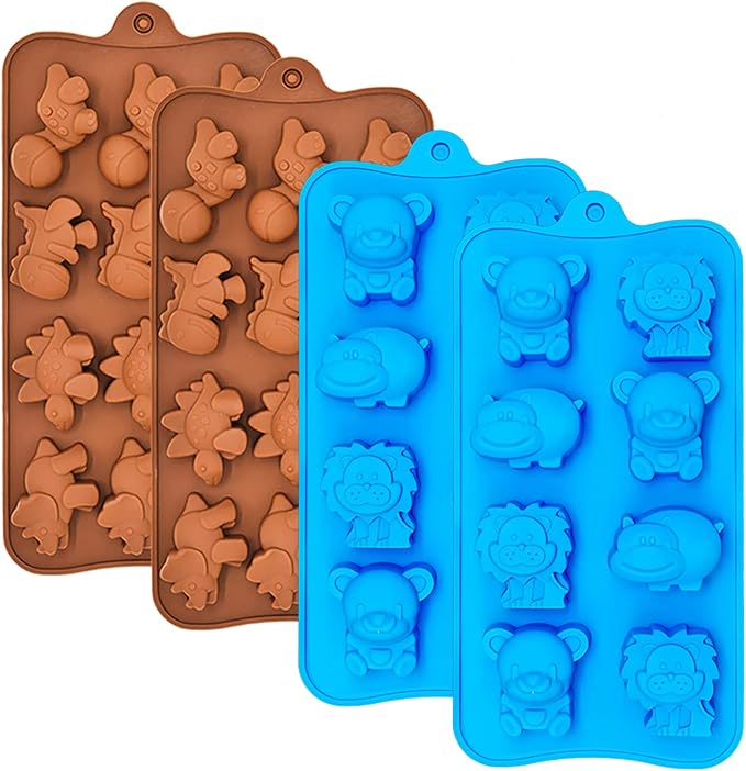 Silicone Chocolate Candy Molds Cake Moulds, Non-Stick Animal Jello Mold, Baking Mold BPA Free, Forest Theme with Different Animal Shapes, including Dinosaur, Bear, Lion and Hippo, Set of 4