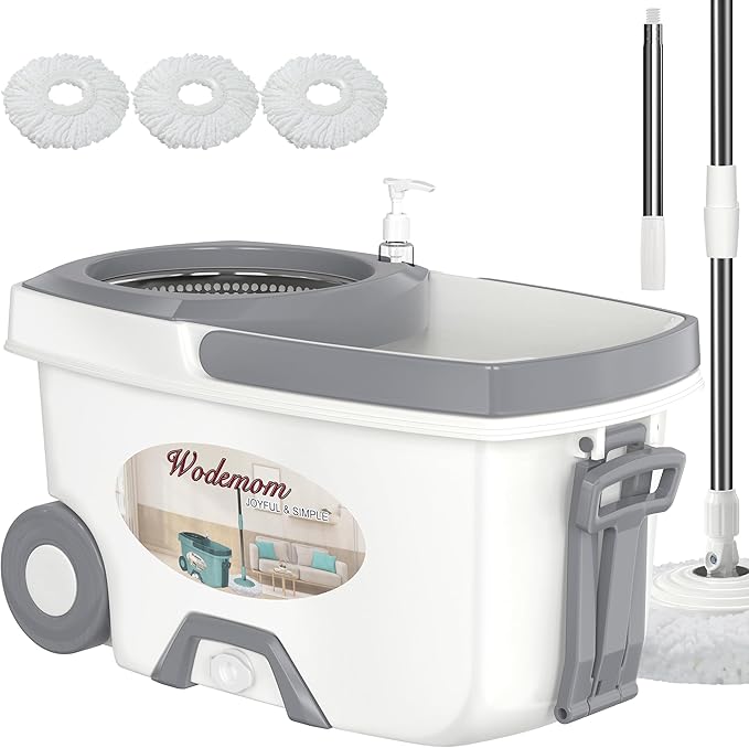 Mop and Bucket with Wringer Set,Spin Mop and Bucket System, Mops for Floor Cleaning,Household Supplies Tools with 3 Replacement Refills,61" Extended Handle for Household Hardwood Floor - White