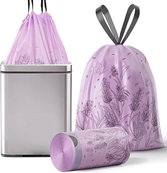 13 Gallon Trash Bags Drawstring, 50 Count Tall Kitchen Trash Bags, Sturdy Large Trash Bags, Lavender Printed Garbage Bags 13 Gallon Tall Kitchen, Tear Resistant Garbage Bags for Kitchen, Bathroom