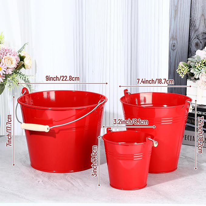 Zopeal 6 Pcs Large Metal Bucket Beer Bucket Galvanized Steel Pail with Handle for Gifts Basket Ice Candy Party(5 x 4.7 x 3.5 Inch,Red)