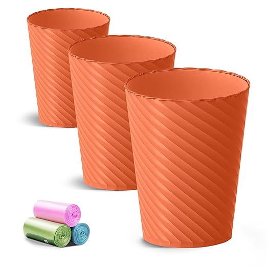Bathroom Trash Can, 3 Pack 1.8 Gallons Small Trash Can with Trash Bags, Bathroom Garbage Can, Plastic Trash Bin, Round Waste Basket for Bedroom, Office, Kitchen, Compact Space (Orange)