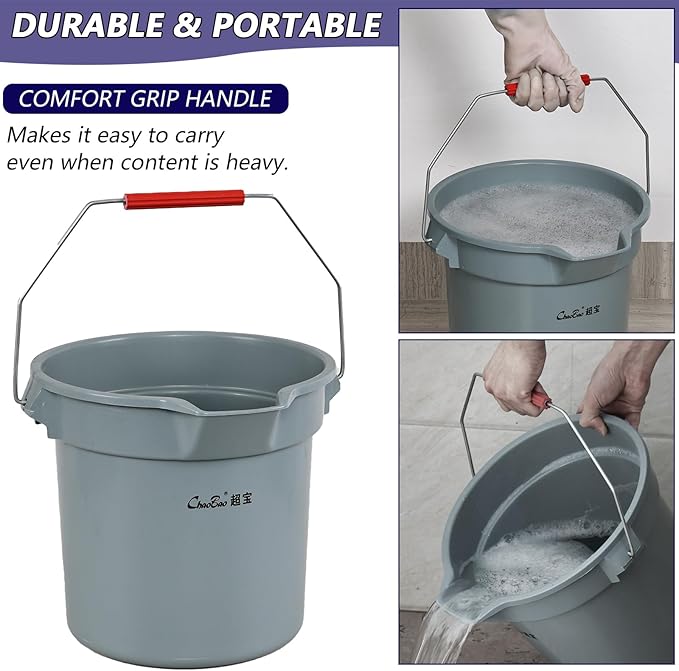 3.5 Gallon Industrial Bucket, Built-in Spout w/Handle, Heavy-Duty Plastic Cleaning Bucket, 6 Pack (Gray)