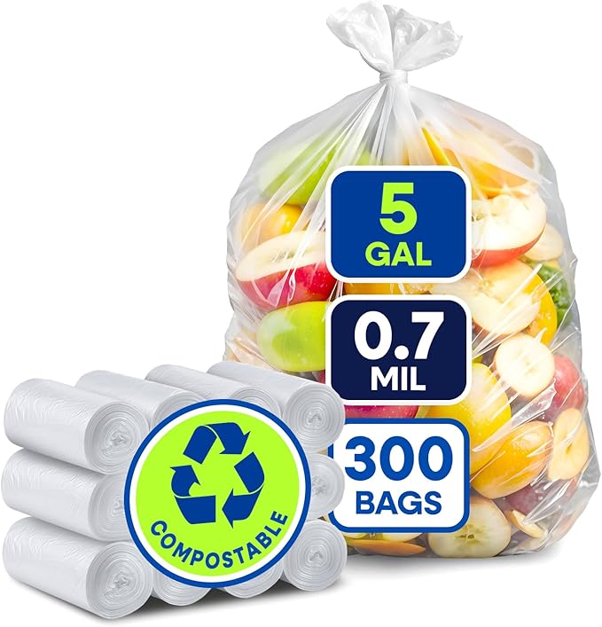 5-Gallon Compostable Trash Bags Biodegradable Trash Bags, 19.5" x 23" 0.7 Mil Can Liners 12 Rolls of 25/Roll, 300/Case