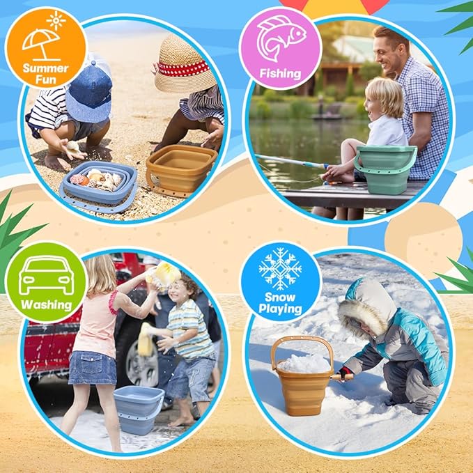 Dilabnba 3-Pack Collapsible Beach Buckets with Mesh Bag, Silicone Sand Water Pails for Kids, Easter Buckets, Portable Beach Toys for Travel, Camping, Fishing, Summer Fun
