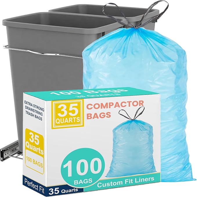 13 Gallon/35 Quart Trash Bags for Double Trash Can Under Kitchen Cabinets Pullout (100 Count) Blue with Reinforced Drawstring Fits 35 Quart, 7 Gallon, 10 Gallon, 13 Gallon Garbage Liners