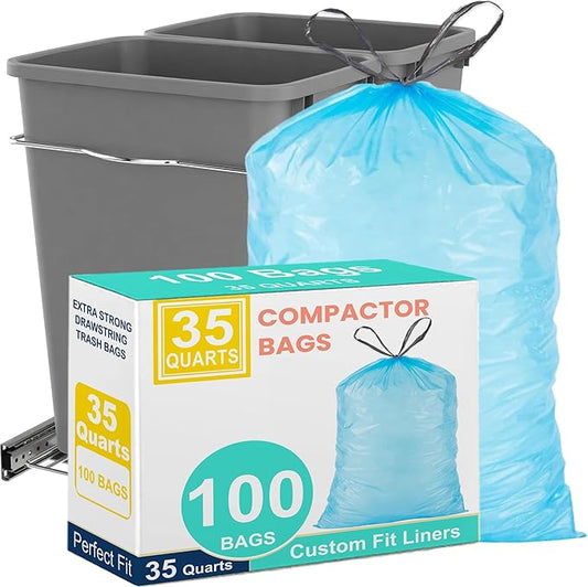 13 Gallon/35 Quart Trash Bags for Double Trash Can Under Kitchen Cabinets Pullout (100 Count) Blue with Reinforced Drawstring Fits 35 Quart, 7 Gallon, 10 Gallon, 13 Gallon Garbage Liners