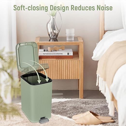 rejomiik Small Bathroom Trash Can with Lid 1.9 Gallon Step Trash Can Slim Garbage Can with Soft-Close Waste Bin for Bathroom, Bedroom, Office, Dorm, RV, Sage Green