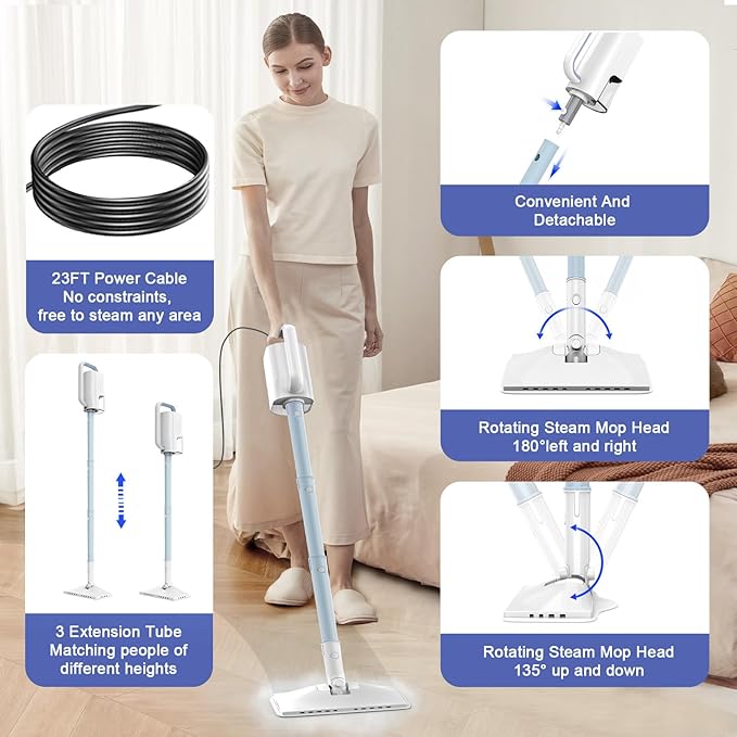 Steam Cleaner, 6 in1 Rotated Steam Mop Cleaner with 2 Modes, 2 Microfiber Pads, 400ML Removable Tank, 23FT Power Cable, Detachable Steam Mops for Floor, Laminate Floor, Tiles Cleaning (Light Blue)